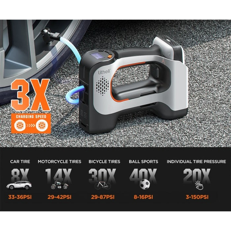 Аккумуляторный компрессор Litheli с фонарем, питание от павербанка (УМБ Litheli Power Bank 20000 mAh, 45W, Киев - изображение 6