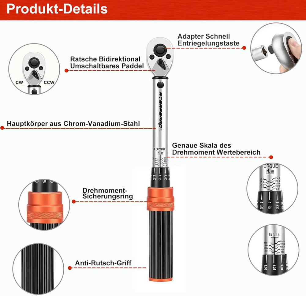 Динамометричний ключ ATsafepro AT215A002 мультиколірний 1/4" 5-25 Nm 72 зубці набір 15 шт для велосипеда і мотоцикла з насадками Київ - фото 7