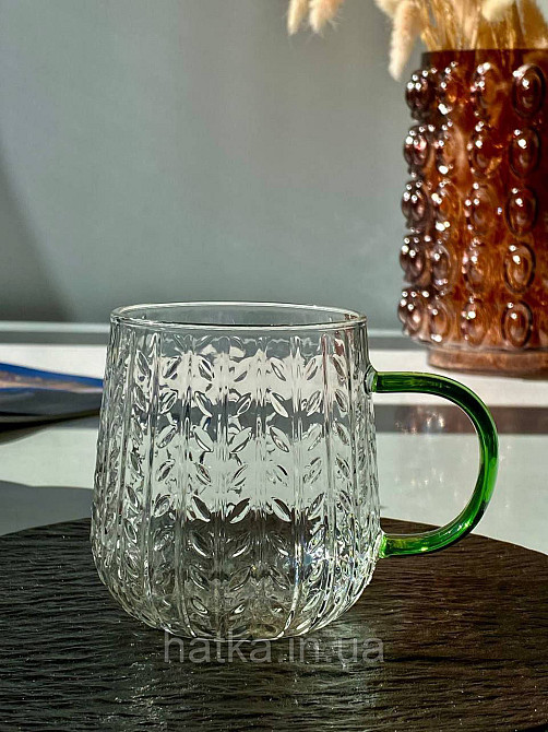 Кухоль чашка Olens "Зелений лосок" 390 мл 8030-259 прозора з зеленою ручкою Київ - фото 1