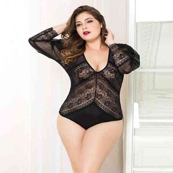 Мереживне боді JSY «Спокуслива Мері» Plus Size, Black, рукави-ліхтарики, дрібна сітка Sex Aura Київ