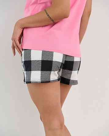 Женская пижама комплект с шортиками в клетку - Кофе, котики и книги Nicoletta 60244 S, M, L, XL, Розовый Киев