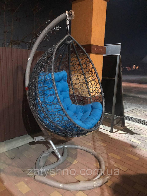 Сірий підвісне кокон-крісло з синьою подушкою Київ - фото 7