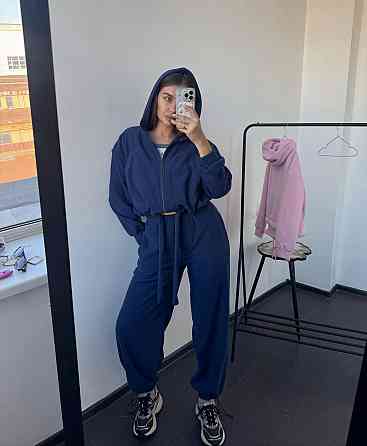 Женский теплый прогулочный костюм двойка: худи и брюки двусторонний полар флис Темно-синий, 42/44 Одесса