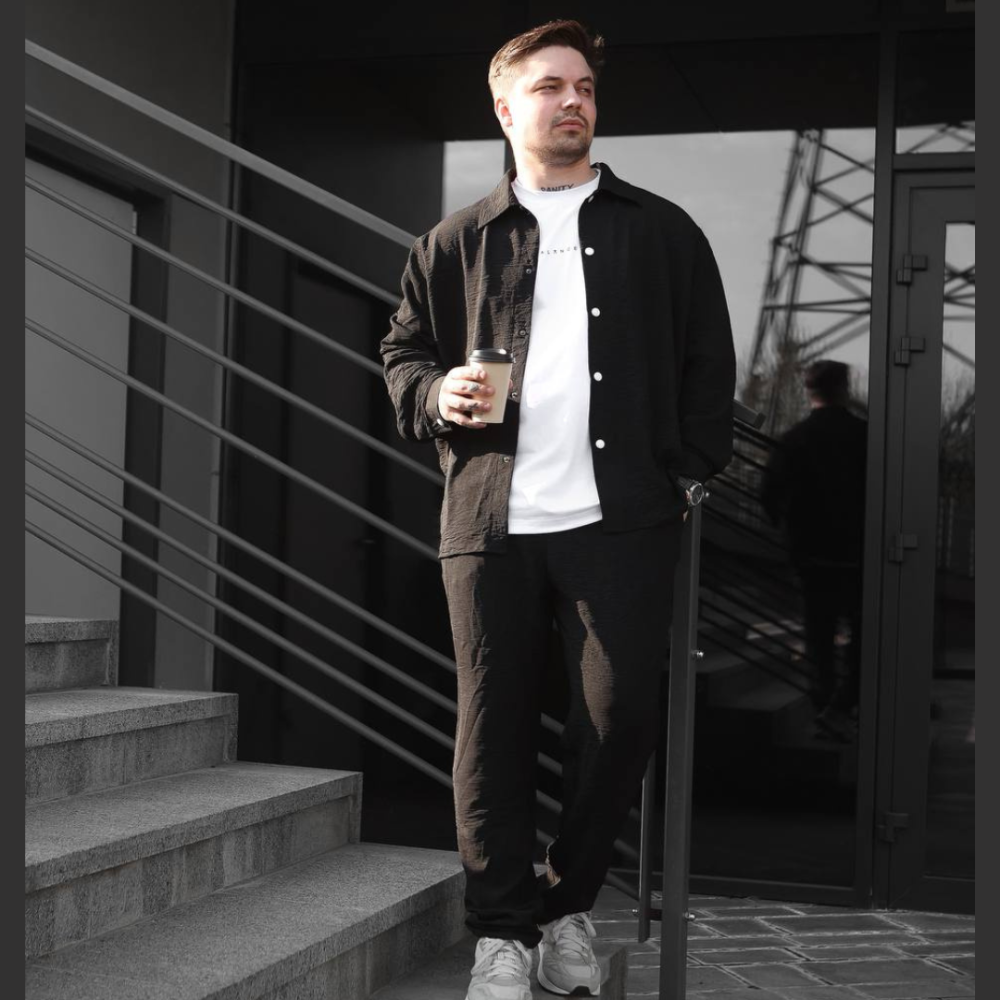Чоловічий літній костюм Casual сорочка і штани Оверсайз жатка весна літо SANE чорний Одеса - фото 1