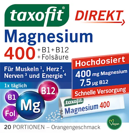 Taxofit Magnesium 400 + B1 + B6 + B12 + Folsäure 800 Direkt-Granulat 20 St Магній 400 + B1 + B6 + B12 + Фолієва кислота 800 Гранул Київ