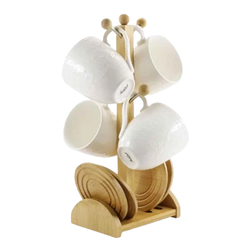 Набір чашок 4шт (ч.300мл + дерев.блюдце) на дерев'яній стійці PJ03393 Interos Житомир - фото 1