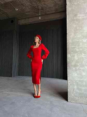 Женское вечернее элегантное миди платье с разрезом костюмка класса люкс Красный, 46/48 Одесса