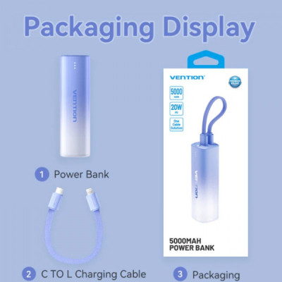 Батарея универсальная VENTION 5000mAh 20W PD, USB-C In/Out, Lightning In/Out, with cable, Gradient Blue (FHWL0) Винница - изображение 3