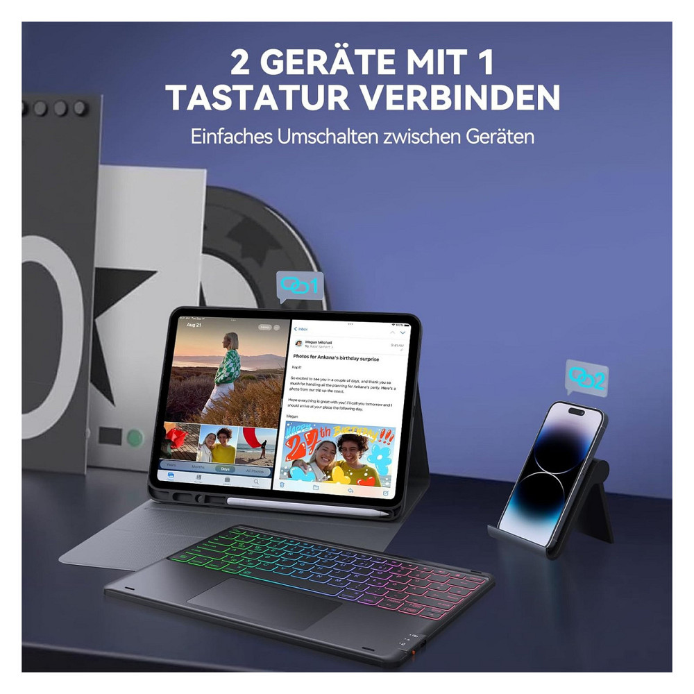 Чохол-клавіатура Earto для iPad Air 13 / iPad Pro 12.9 Чорний QWERTZ 3-зонне підсвічування 7 кольорів та тачпад Київ - фото 3