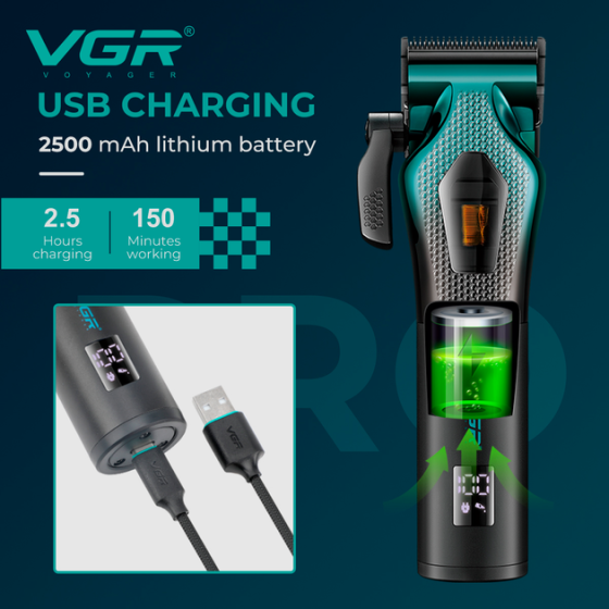 Машинка для стриження акумуляторна VGR V-271 8000-11000 RPM LED дисплей (6 насадок) Київ