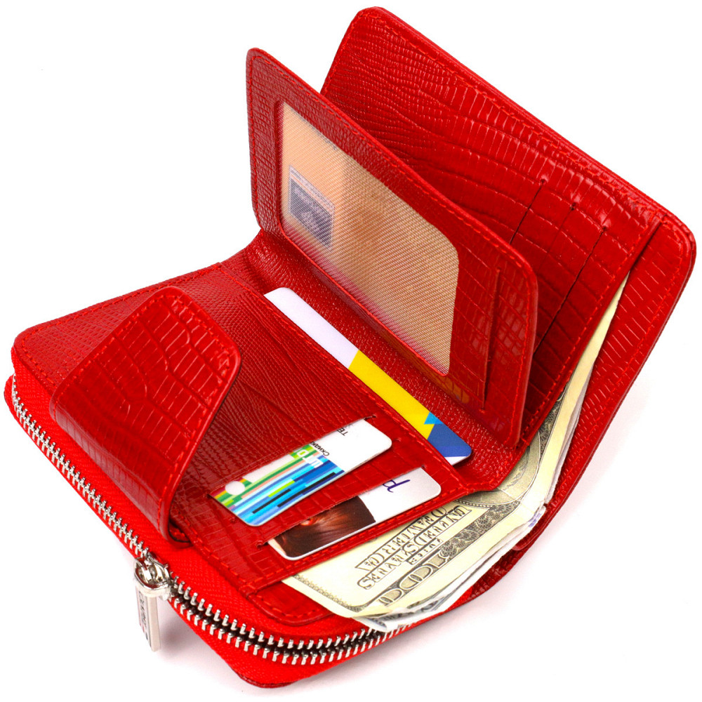 Фактурне жіноче вертикальне портмоне з монетницею на блискавці з натуральної шкіри з тисненням CANPELLINI 21731 Червоне Київ - фото 7