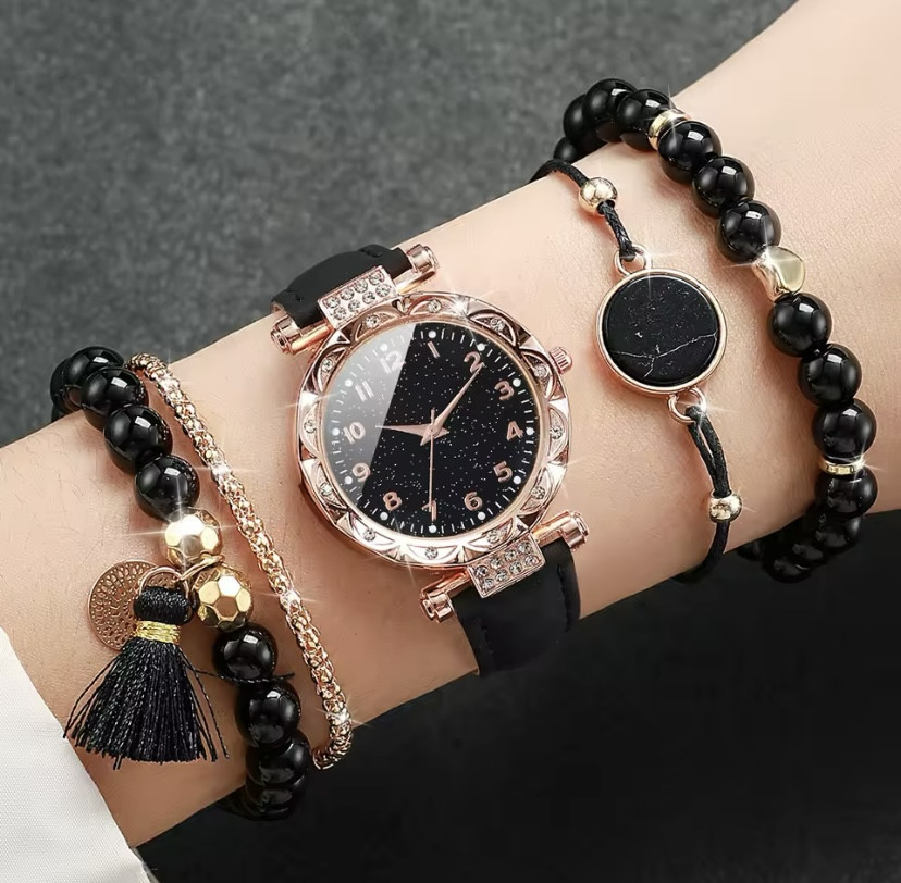 Подарочный набор для женщин в наборе 1 наручные часы 4 оригинальными браслетами без подарочной коробки черный Киев - изображение 2