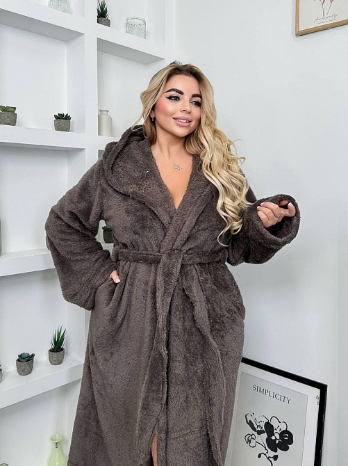 Жіночий теплий домашній махровий халат двостороння махра Шоколад, Oversize 42/46 Одеса - фото 1