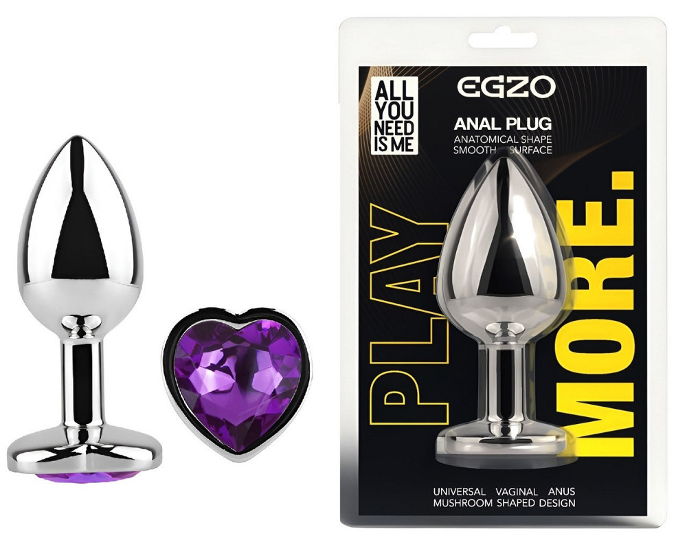 Анальна пробка з кристалом EGZO - Silver Heart Plug Purple size S Sex Aura Київ - фото 1