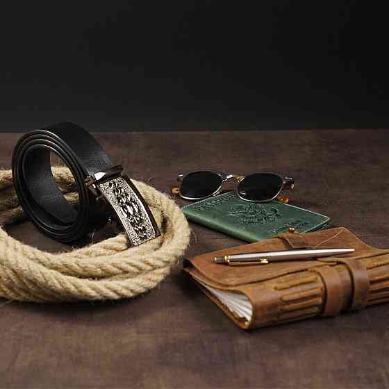 Ремень мужской с пряжкой автомат и силуэтом под экзотику Черный (Vintage) Киев