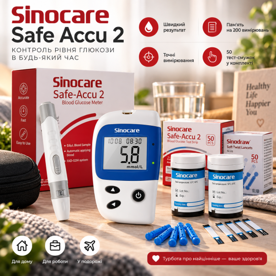 Глюкометр Sinocare Safe Accu 2 з пам’яттю на 200 вимірювань, 50 тест-смужок та 50 ланцетів Київ
