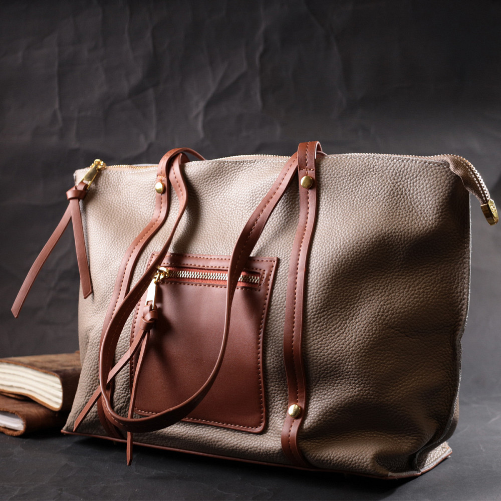 Оригінальна двокольорова сумка жіноча з натуральної шкіри Vintage 22304 Бежева Київ - фото 10