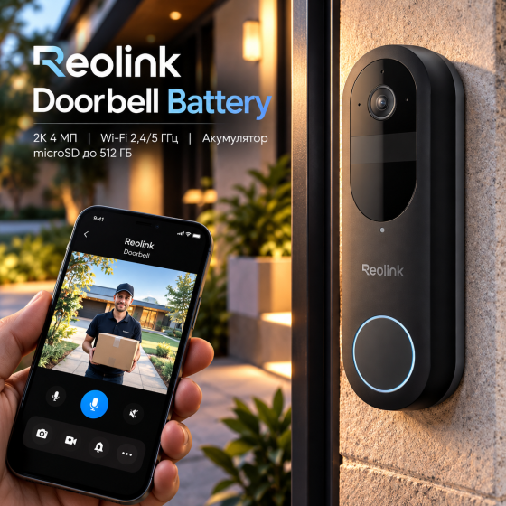 Бездротовий відеодзвінок Reolink Doorbell Battery 2K 4 МП, Wi-Fi 2,4/5 ГГц, акумулятор, microSD до 512 ГБ Київ