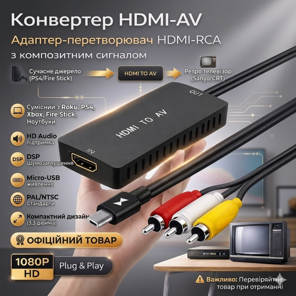 Конвертер HDMI на AV (RCA) Full HD 1080P: Адаптер для Smart TV Stick, Roku, PS4, Xbox до старих ТБ, USB-живлення, Чорний Київ - фото 1