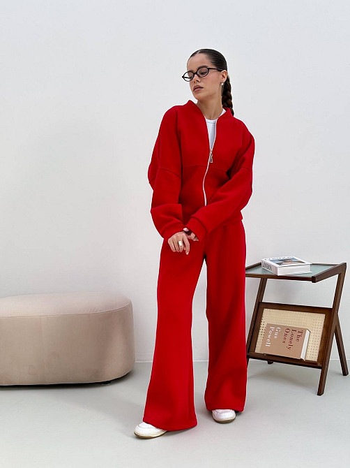 Теплий костюм на флісі жіночий з широкими штанами Червоний 48/52 Харків - фото 1