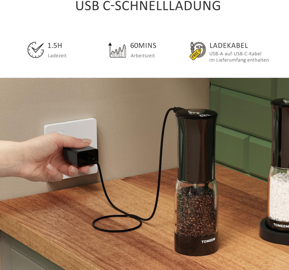 Набір електричних млинків TOMEEM для солі та перцю 2 шт., USB-C, LED-дисплей, 5 рівнів помелу, 500 мАг, чорні Київ - фото 4