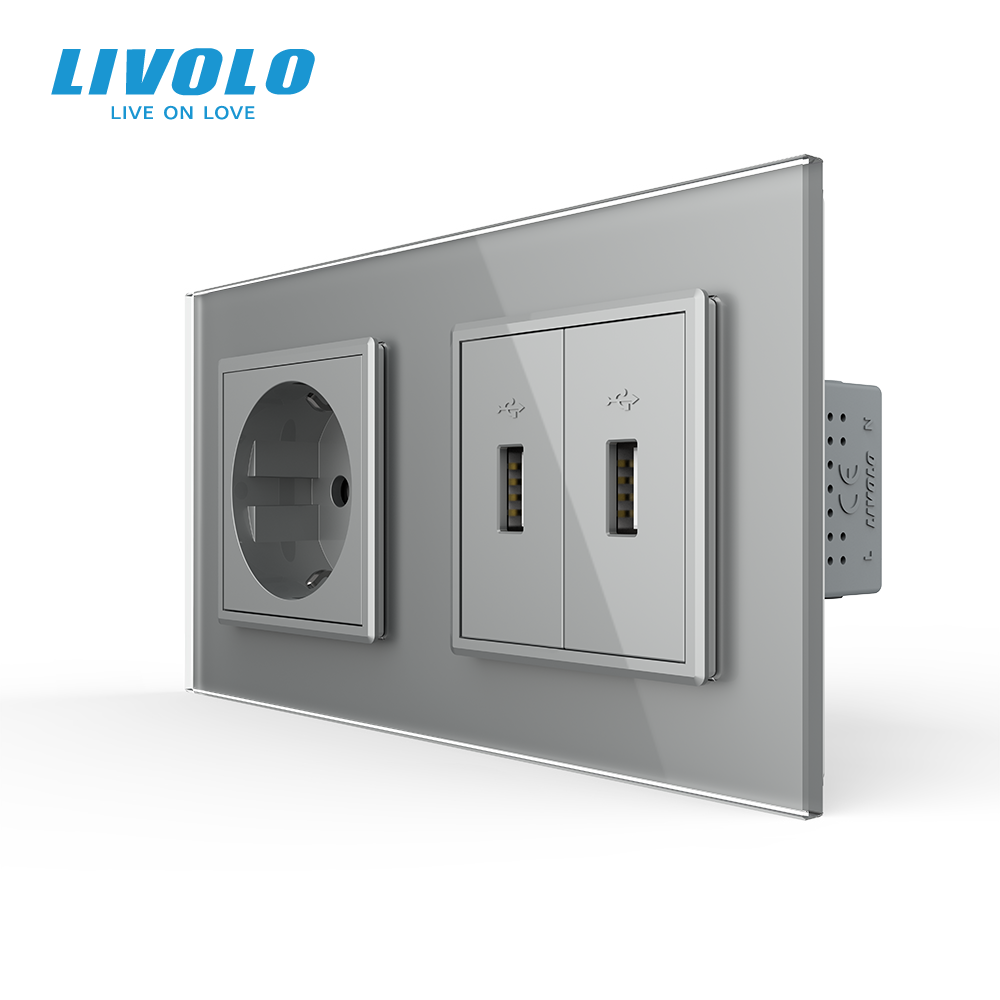 Розетка з заземленням з 2 USB розетками Livolo сірий скло (VL-C7C1EU2USB-15) Коломыя - изображение 1