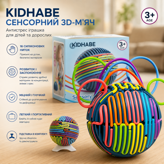 Сенсорный 3D-мяч KIDHABE с 16 силиконовыми нитями и подставкой, антистресс игрушка для детей и взрослых Киев