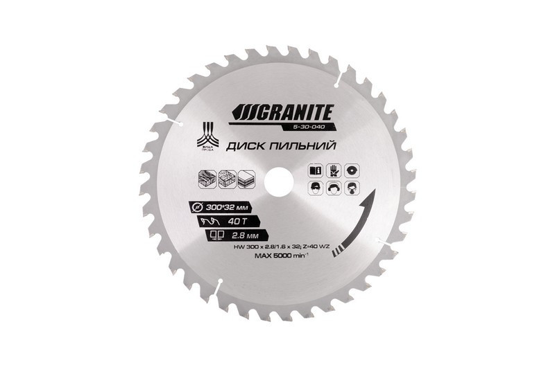Диск пильный GRANITE для дерева с твердосплавными напайками 300х32х40Т адаптер 32-30/32-25.4 5100 об/мин Ровно - изображение 2