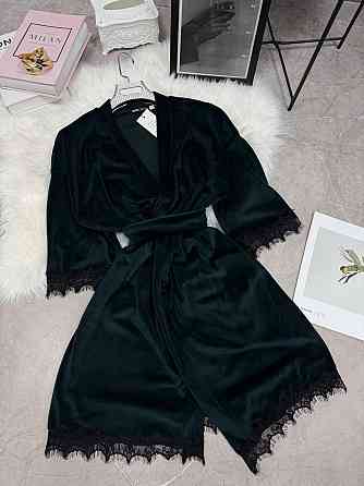 Женский домашний халат на запах велюр с кружевом Изумрудный, Oversize 42/46 Одесса