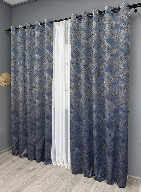 Комплект штор на люверсах VR-Textil Жаккард Mystery № 1627ш Серый с темно-синим 150х270 см 2 шт (37-0204) Киев - изображение 4