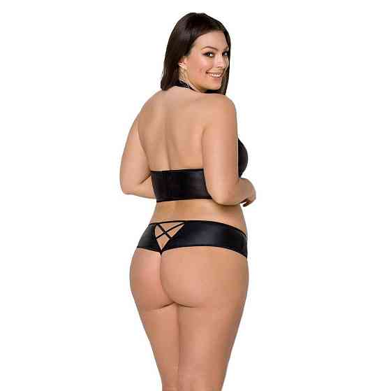 Комплект из экокожи Passion NANACY BIKINI 4XL/5XL black, бра и трусики с имитацией шнуровки Sex Aura Киев