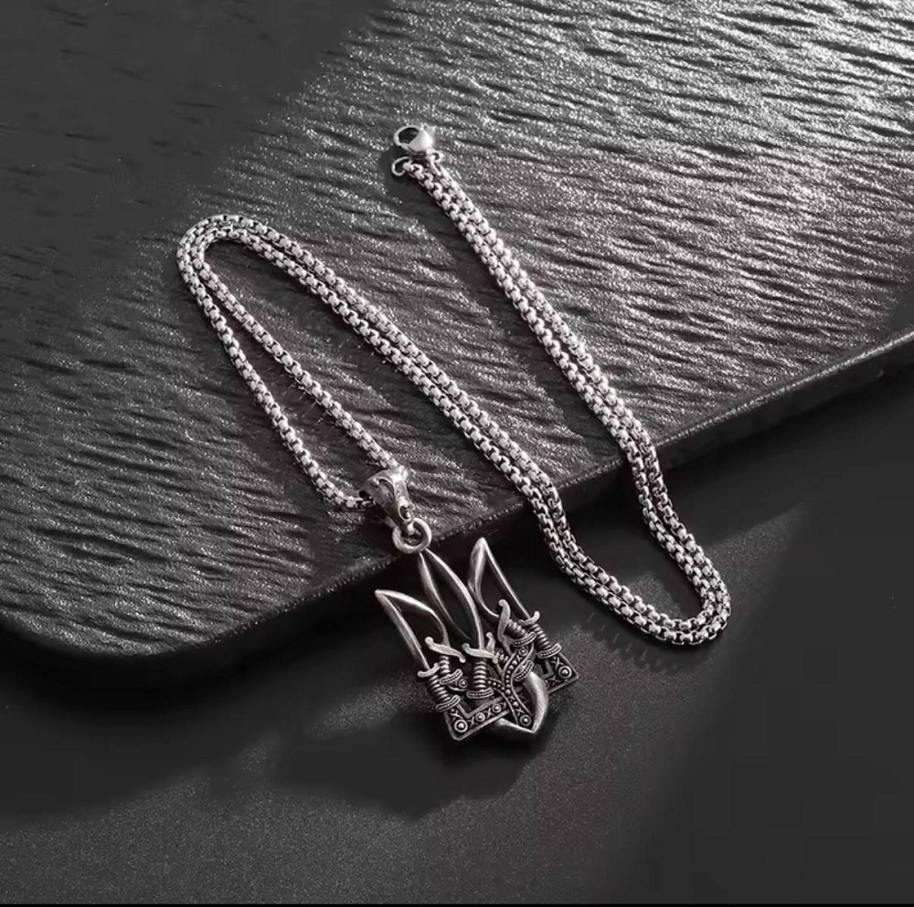 Подвеска Тризуб с мечами на цепочке — патриотический кулон, сталь, 60 см Киев - изображение 4