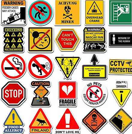 Наклейки предупреждающие знаки 50 шт — набор стикеров WARNING, CAUTION, DANGER ~5 см, ПВХ для ноутбука, авто, шлема Киев