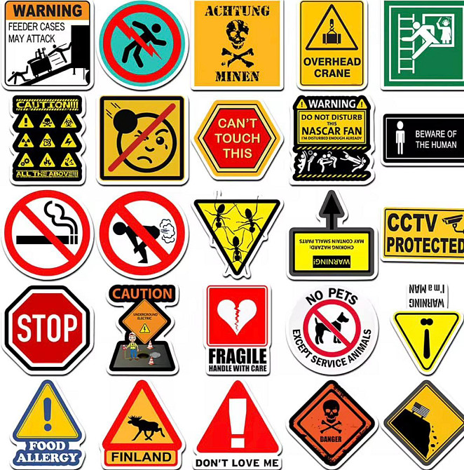 Наклейки предупреждающие знаки 50 шт — набор стикеров WARNING, CAUTION, DANGER ~5 см, ПВХ для ноутбука, авто, шлема Киев - изображение 4