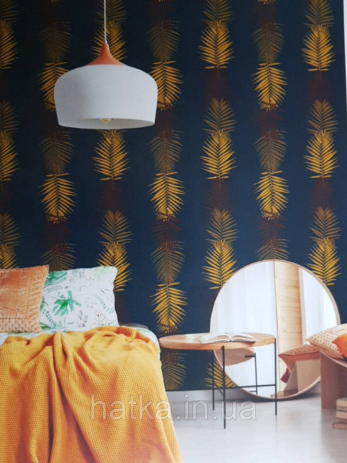 Шпалери вінілові Lutece Bensimon листя папороті яскраво жовті коричневі на темно-синьому Київ - фото 1
