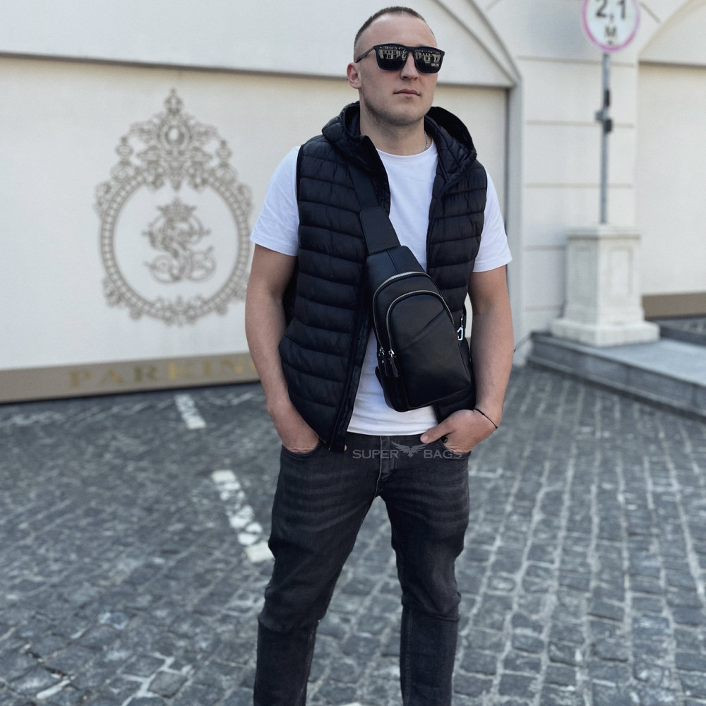 Сумка-слинг мужская через плече 17х32х8, бананка из натуральной кожи TIDING BAG A25F-515-1A черная Каменское - изображение 20