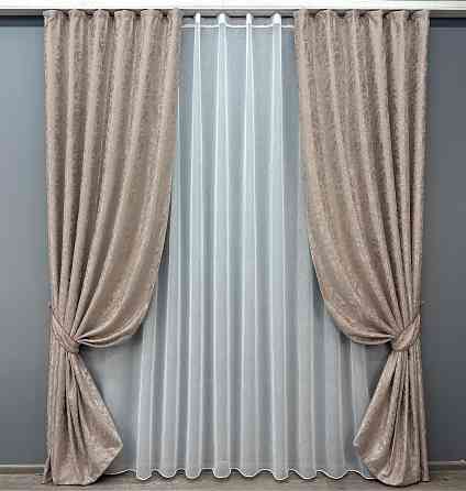 Комплект штор VR-Textil Лен Мрамор 150х270 2шт и Тюль 500х270 1715ш-1276т Светло-пудровый с белым 71-011/4 Киев