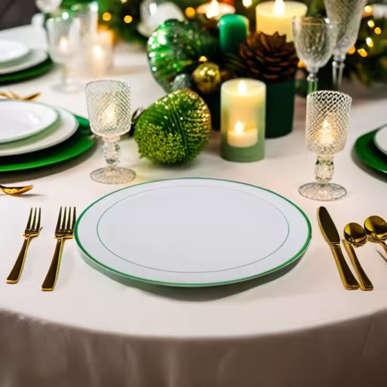 Набор тарелок пластиковых круглые 12 шт, десертные 19 см и обеденные 26 см,белые с зелёном контуром Каменец-Подольский