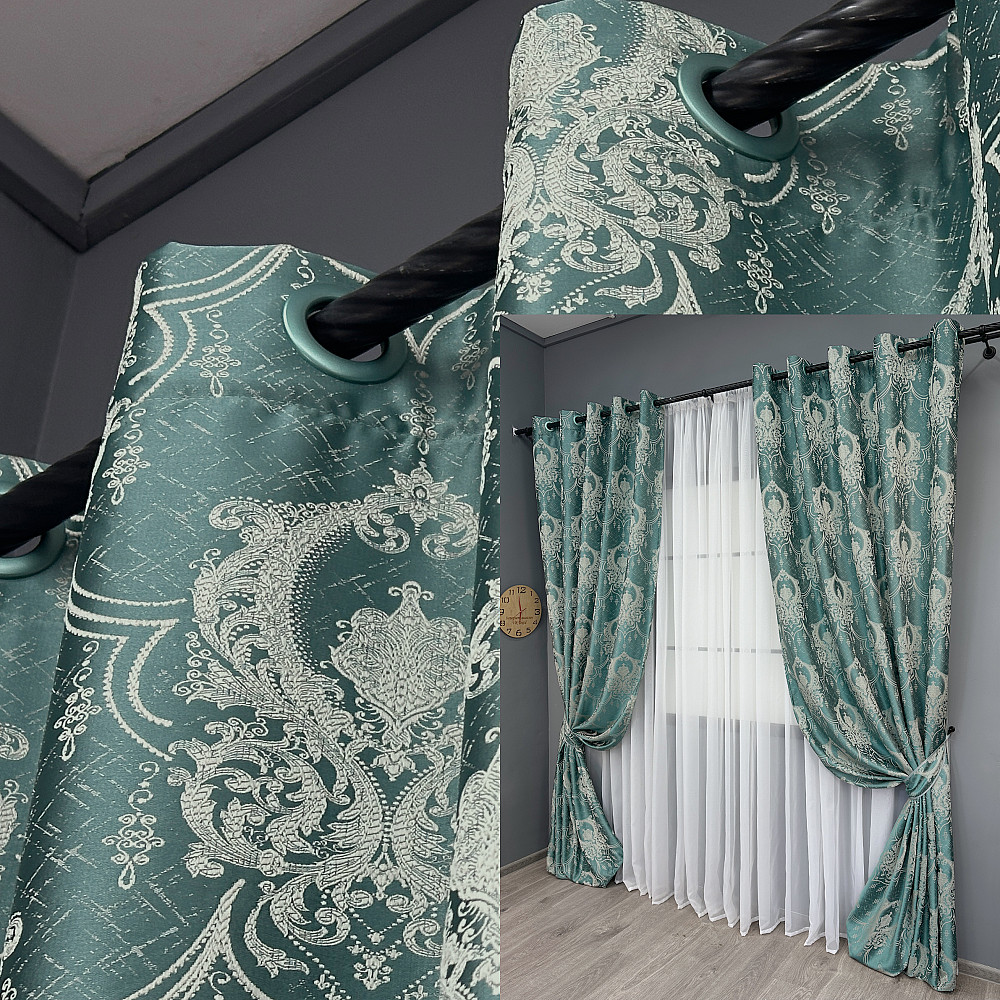 Комплект штор на люверсах VR-Textil Парча № 1777ш Бірюзовий з молочним 155х270 см 2 шт (37-0262) Київ - фото 1