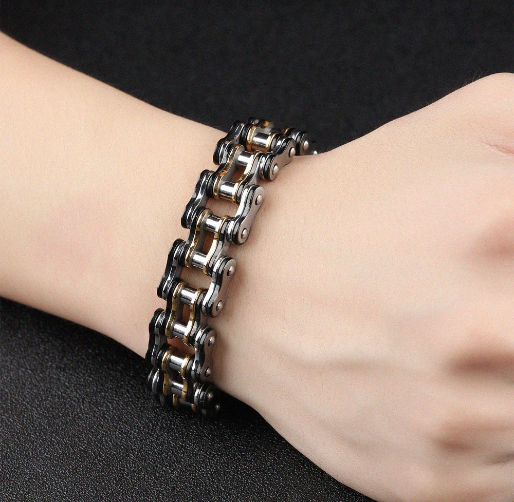 Чоловічий браслет RESTEQ з нержавіючої сталі у вигляді мотоциклетного ланцюга, чорний-золото-сріблястий Київ - фото 4
