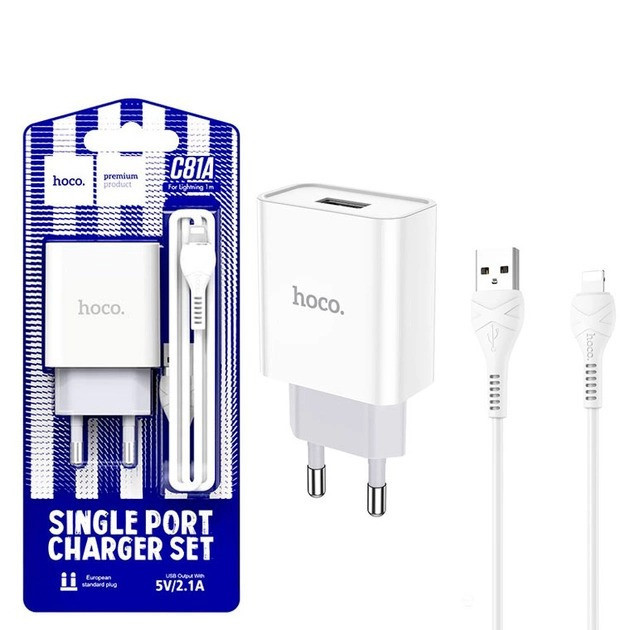 СЗУ зарядний пристрій HOCO C81A 1USB/2.1A з кабелем для заряджання USB - Lightning Білий Кам'янець-Подільський - фото 1
