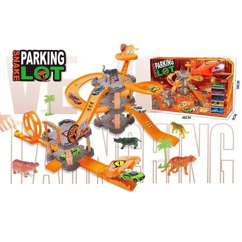 Трек 6 металопластикових машинок 3 рівня механічний запускач фігурки тварин (8865) Чернигов - изображение 1