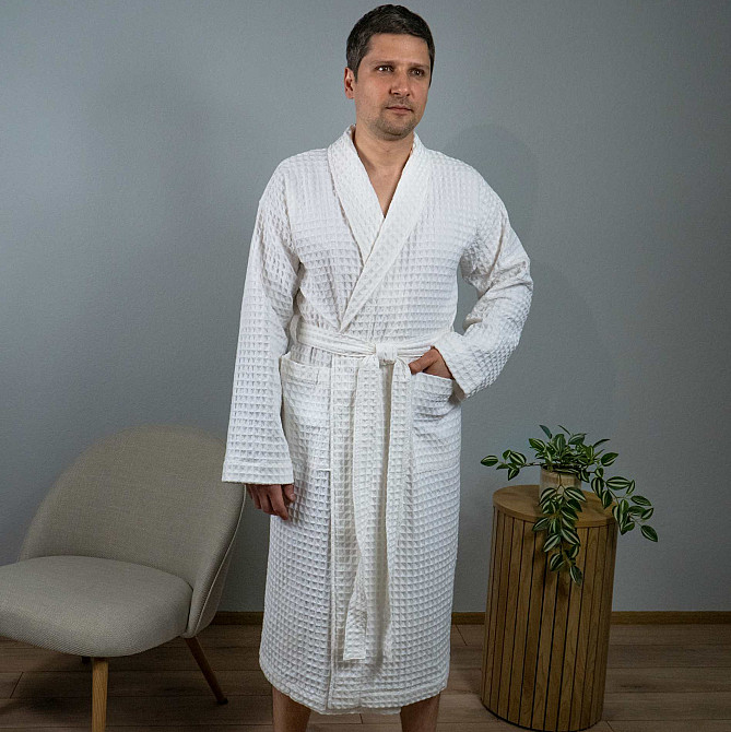 Вафельний халат чоловічий з коміром, довгим рукавом YouStar 100% бавовна 380 г/м2 (Білий) M Суми - фото 1