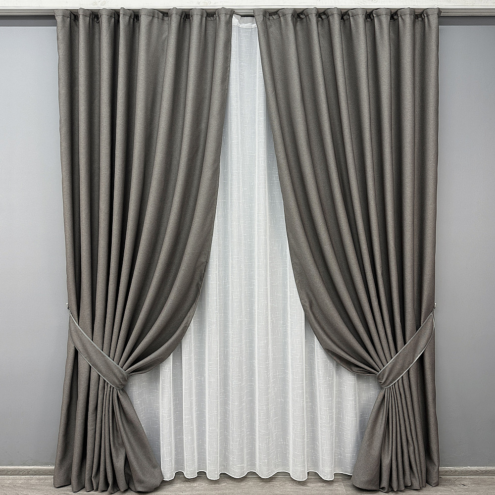 Комплект штор VR-Textil рогожка преміум TERRA LUXE 200х270 2шт і Тюль 500х270 1856ш-115т темно-сірий з білим 71-074/6 Київ - фото 1