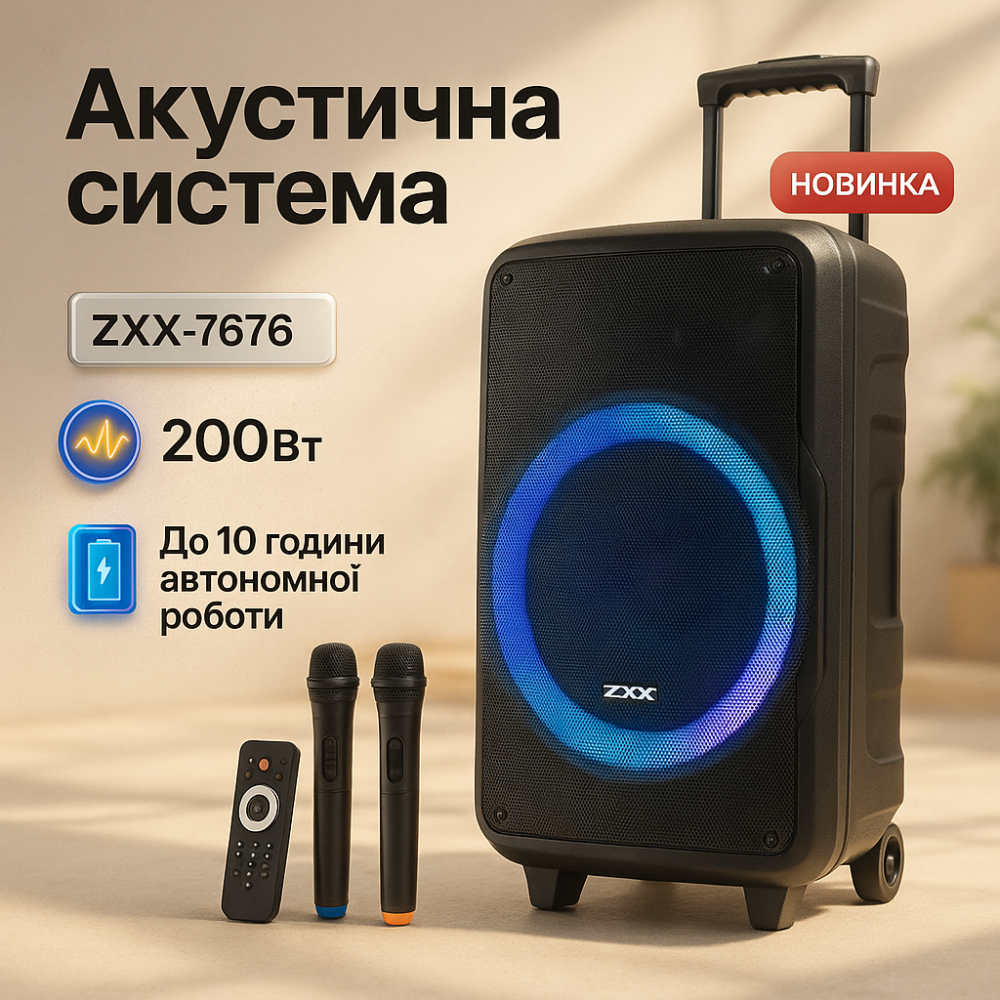 Акустична колонка з акумулятором ZXX-7676 200Вт портативна переносна колонка Bluetooth на колесах ZM-44 Львів - фото 4