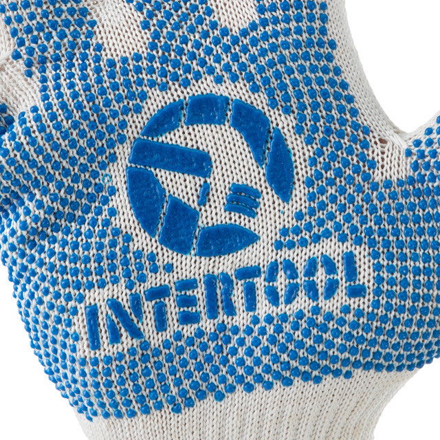 Рукавичка трикотажна, сині ПВХ крапки, 70% бавовна / 30% поліестер, 10