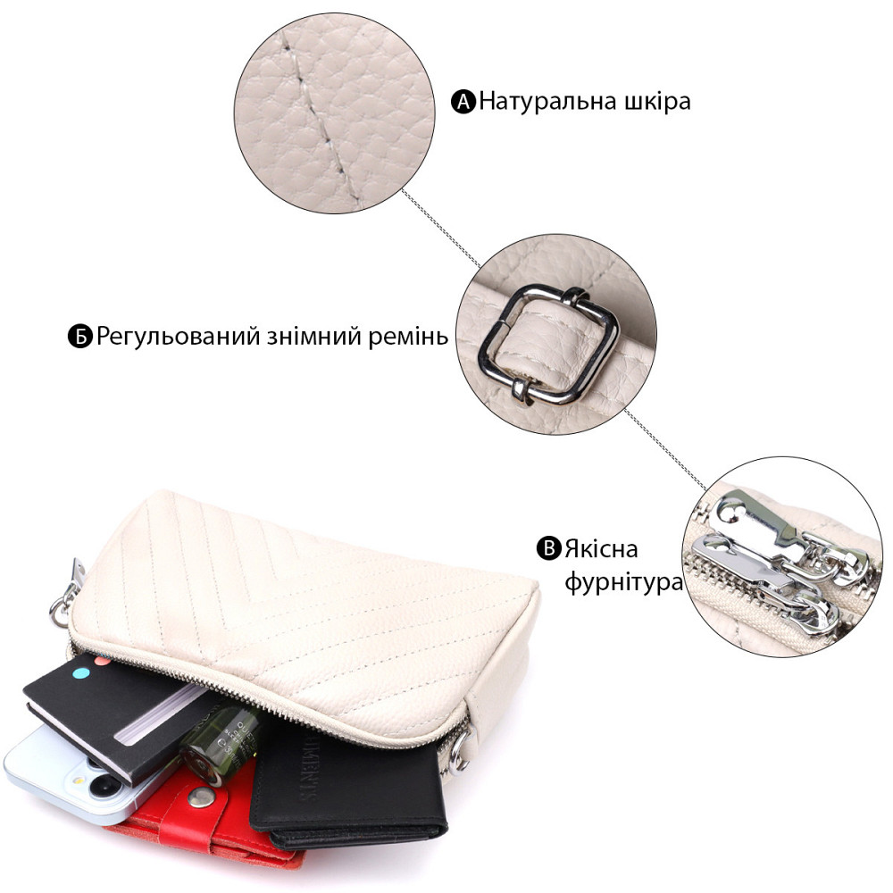 Модна сумка прошита трикутниками з натуральної шкіри Vintage 22910 Білий Київ - фото 4