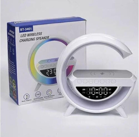 BT-3401 Bluetooth-колонка 3 в 1 с цифровыми часами, беспроводной зарядкой и LED-ночником, 7 цветов, белая Киев