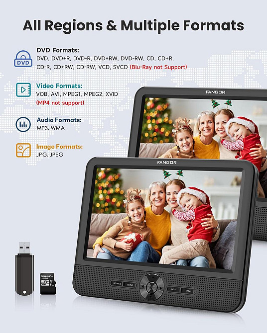 Подвійний автомобільний портативний DVD-плеєр FANGOR F-611 7.5" USB/SD/MMC-плеєр автомобільний монітор у підголівнику Дніпро - фото 8