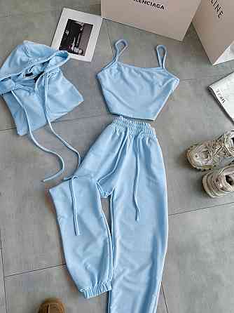 Женский повседневный костюм тройка: кофта топ и штаны двунить 42/44, Голубой Одесса